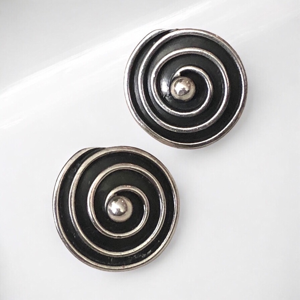 Mexican Sterling Modernist Spiral Pierced Earrings